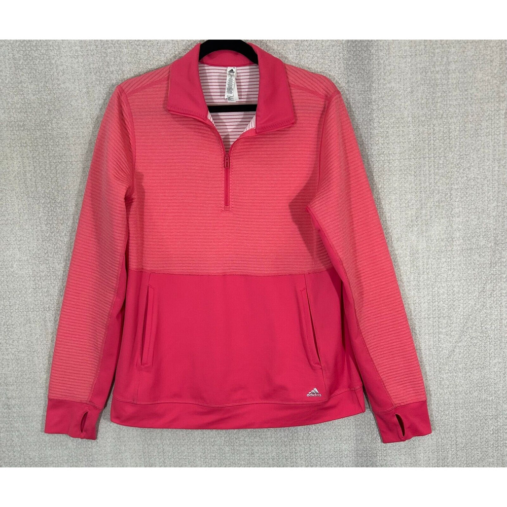 Adidas Jacket Womens Large Pink Stripe Climalite 1/4 Zip‎ Thumbholes Track